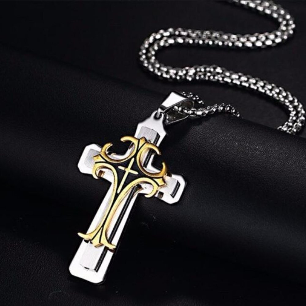 ❤️ Stainless Steel Retro Layered Cross Necklace , N90201P120 - Picture 11 of 13